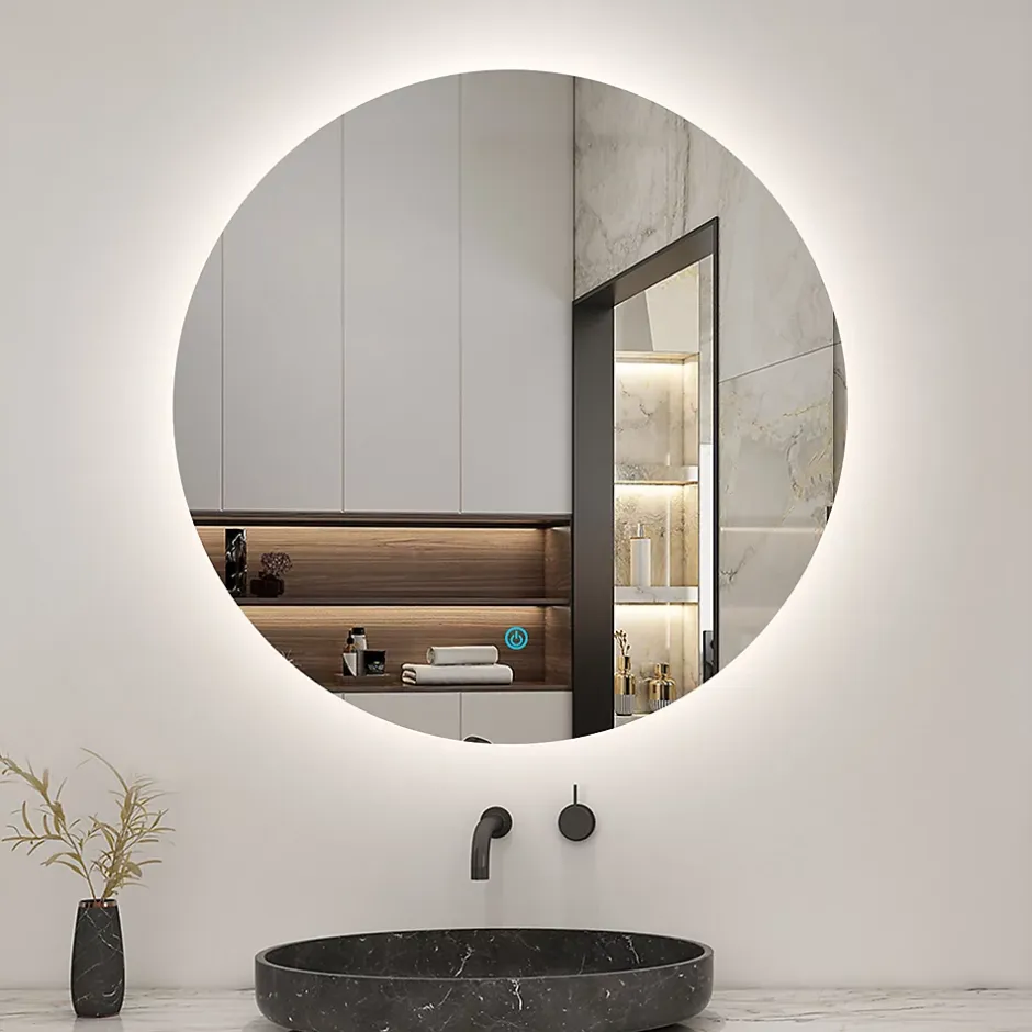 AICA Sanitaire Miroir LED rond sans cadre de 80cm, dimmable + mémoire, IP44, horizontal/vertical, 6000k blanc froid,