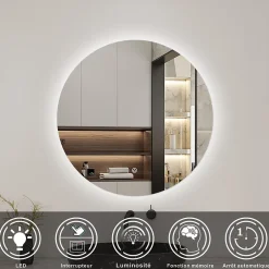 AICA Sanitaire Miroir LED rond sans cadre de 80cm, dimmable + mémoire, IP44, horizontal/vertical, 6000k blanc froid,