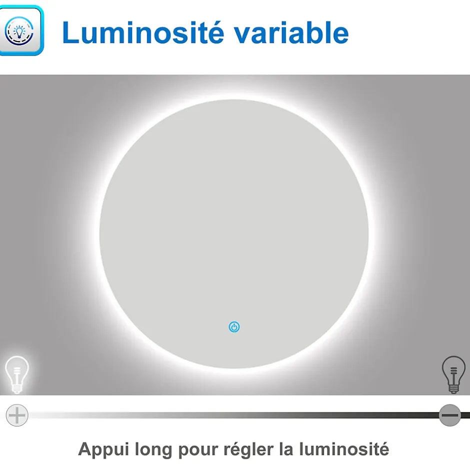 AICA Sanitaire Miroir LED rond sans cadre de 80cm, dimmable + mémoire, IP44, horizontal/vertical, 6000k blanc froid,