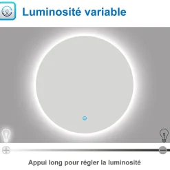 AICA Sanitaire Miroir LED rond sans cadre de 70cm, dimmable + mémoire, IP44, horizontal/vertical, 6000k blanc froid,* Miroir Lumineux