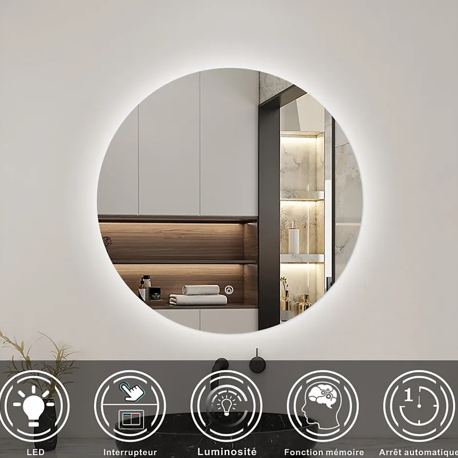 AICA Sanitaire Miroir LED rond sans cadre de 60cm, dimmable + mémoire, IP44, horizontal/vertical, 6000k blanc froid,