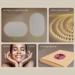 Artforma Miroir LED Salle de Bain - - Ovale - 120x70cm - LED Dual + interrupteur tactile + anti-buée* Miroir Lumineux