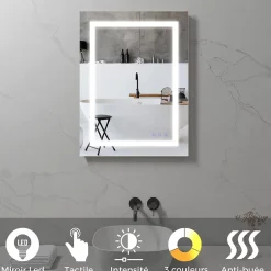 Saniverre Miroir LED salle de bain OBLONG 60 x 80 cm réversible, anti-buée + éclairage et intensité réglables -* Miroir Lumineux