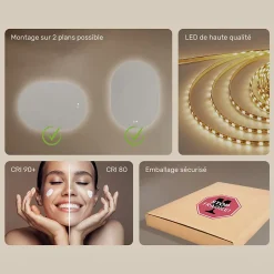 Artforma Miroir LED Salle de Bain - - Ovale - 100x70cm - LED Dual + interrupteur tactile + anti-buée* Miroir Lumineux