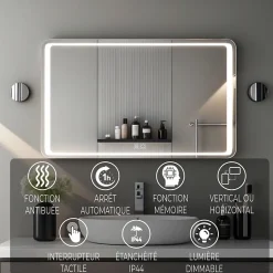 Saniland Miroir LED Salle de bain 70x50cm avec horloge digitale et hauts parleurs Bluetooth