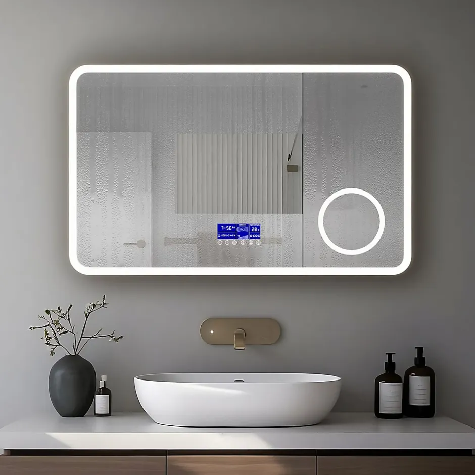 Mon Beau bain Miroir LED spécial maquillage 80x60 avec zone grossissante X3 et horloge digitale pour salle de bain