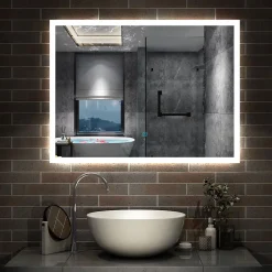 AICA Sanitaire Miroir lumineux à LED, 80x60cm, dimmable, avec mémoire et anti-buée, IP44, horizontal/vertical, blanc froid,