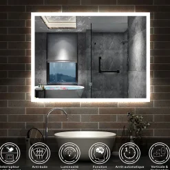 AICA Sanitaire Miroir lumineux à LED, 80x60cm, dimmable, avec mémoire et anti-buée, IP44, horizontal/vertical, blanc froid,
