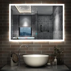 AICA Sanitaire Miroir lumineux à LED, 90x70cm, dimmable, avec mémoire et anti-buée, IP44, horizontal/vertical, blanc froid,