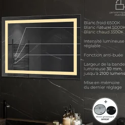Saniverre Miroir lumineux CIMEO 60 x 80 cm (ou 80x60) LED 2100 lms, antibuée + intensité & couleur réglables salle de bain -