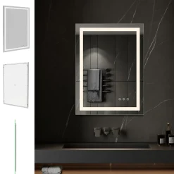 Saniverre Miroir lumineux CIMEO 60 x 80 cm (ou 80x60) LED 2100 lms, antibuée + intensité & couleur réglables salle de bain -
