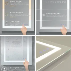 Saniverre Miroir lumineux CIMEO 60 x 80 cm (ou 80x60) LED 2100 lms, antibuée + intensité & couleur réglables salle de bain -