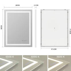 Saniverre Miroir lumineux CIMEO 60 x 80 cm (ou 80x60) LED 2100 lms, antibuée + intensité & couleur réglables salle de bain -