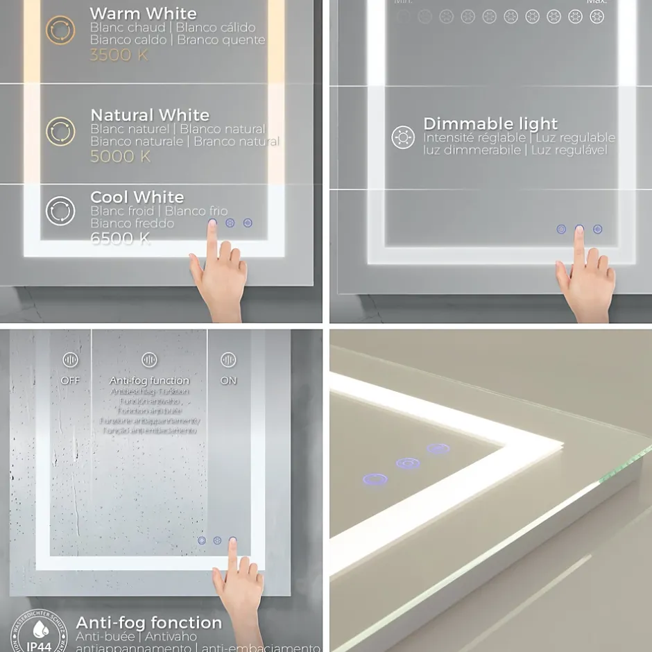 Saniverre Miroir lumineux CIMEO 90 x 100 cm (ou 100x90) LED 2100 lms, antibuée + intensité & couleur réglables salle de bain -