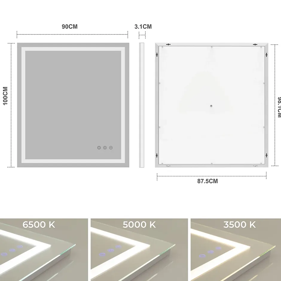 Saniverre Miroir lumineux CIMEO 90 x 100 cm (ou 100x90) LED 2100 lms, antibuée + intensité & couleur réglables salle de bain -