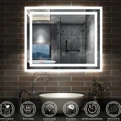 AICA Sanitaire Miroir lumineux dimmable, 60x50cm, avec mémoire, salle de bain anti-buée, 6000k blanc froid, IP44,* Miroir Lumineux
