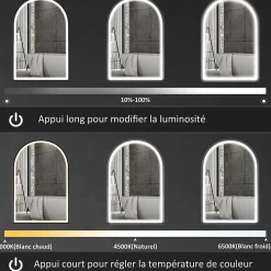 Homcom Miroir lumineux LED arqué de salle de bain 90 x 60 cm - tactile, réglable, anti-buée - alu noir