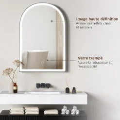 Homcom Miroir lumineux LED arqué de salle de bain 90 x 60 cm - tactile, réglable, anti-buée - alu noir