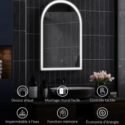Homcom Miroir lumineux LED arqué de salle de bain 90 x 60 cm - tactile, réglable, anti-buée - alu noir