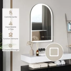 Homcom Miroir lumineux LED arqué de salle de bain 90 x 60 cm - tactile, réglable, anti-buée - alu noir