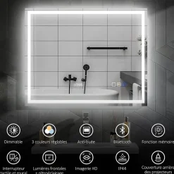 Homcom Miroir lumineux LED salle de bain 100x80cm bluetooth interrupteur tactile lumière réglable 3 couleurs fonction antibuée mémoire