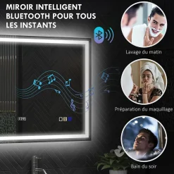 Homcom Miroir lumineux LED salle de bain 100x80cm bluetooth interrupteur tactile lumière réglable 3 couleurs fonction antibuée mémoire