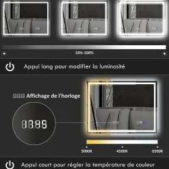 Homcom Miroir lumineux LED salle de bain 100x80cm bluetooth interrupteur tactile lumière réglable 3 couleurs fonction antibuée mémoire