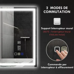 Homcom Miroir lumineux LED salle de bain 100x80cm bluetooth interrupteur tactile lumière réglable 3 couleurs fonction antibuée mémoire