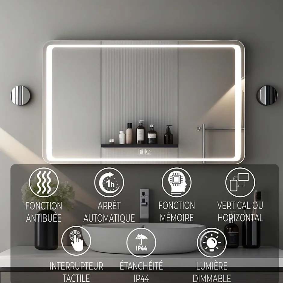 Saniland Miroir lumineux 90x65 pour salle de bain antibuée boutons tactiles lumière froide