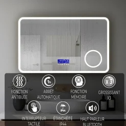 Saniland Miroir lumineux 160x800 pour salle de bain avec zone grossissante et hauts parleurs Bluetooth* Miroir Grossissant Lumineux