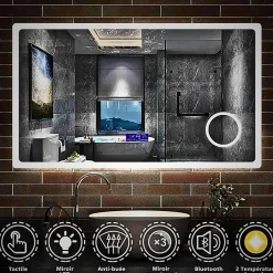 Saniland Miroir lumineux 160x800 pour salle de bain avec zone grossissante et hauts parleurs Bluetooth* Miroir Grossissant Lumineux