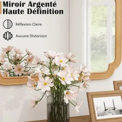 Giantex Miroir Mural 90 x 60 CM,Coins Arrondis Style Rustique Haute Définition pour Salle de Bain,Salon,Entrée,Chambre,Suspension,Naturel* Miroir Grossissant