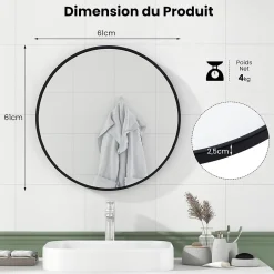 Giantex Miroir Mural de Salle de Bain Cadre en Métal Verre Argenté Film Antidéflagrant Miroir Rond de 61CM pour la Décoration