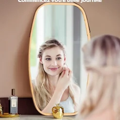 Giantex Miroir Mural en Aluminium avec Cadre en Bambou,Grand Miroir avec Film Antideflagrant, Arrondie avec Cadre en Bambou,* Miroir Grossissant