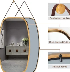 Giantex Miroir Mural en Aluminium avec Cadre en Bambou,Grand Miroir avec Film Antideflagrant, Arrondie avec Cadre en Bambou,* Miroir Grossissant