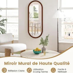 Giantex Miroir Mural Peu Encombrant,avec Cadre en Bois Massif,Miroir HD,4 Crochets de Fixation,pour Salon,Chambre, Balcon, Entrée, Noyer
