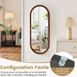 Giantex Miroir Mural Peu Encombrant,avec Cadre en Bois Massif,Miroir HD,4 Crochets de Fixation,pour Salon,Chambre, Balcon, Entrée, Noyer