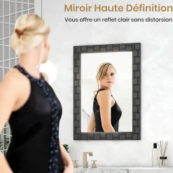 Giantex Miroir Mural Rectangulaire 80 x 60 Cm (L x l) avec Cadre en Bois d'Hévéa Naturel,Crochets Métalliques, pour Salle de Bain,Chambre