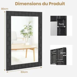 Giantex Miroir Mural Rectangulaire 80 x 60 Cm (L x l) avec Cadre en Bois d'Hévéa Naturel,Crochets Métalliques, pour Salle de Bain,Chambre