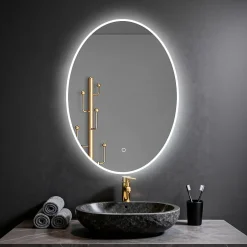 Saniland Miroir ovale LED 50x70 cm lumière dimmable 2700 6000 K, zone anti-buée et minuterie 60 min* Miroir Lumineux