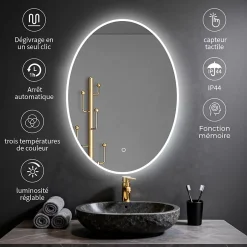Saniland Miroir ovale LED 50x70 cm lumière dimmable 2700 6000 K, zone anti-buée et minuterie 60 min* Miroir Lumineux
