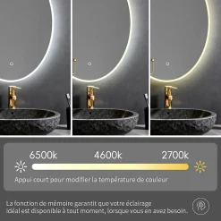 Saniland Miroir ovale LED 50x70 cm lumière dimmable 2700 6000 K, zone anti-buée et minuterie 60 min* Miroir Lumineux