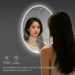 Saniland Miroir ovale LED 50x70 cm lumière dimmable 2700 6000 K, zone anti-buée et minuterie 60 min* Miroir Lumineux