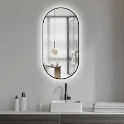 Saniland Miroir rectangle arrondi 50x100 cm lumière d'ambiance LED 2700 à 6000 K anti-buée cadre aluminium noir* Miroir Lumineux