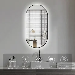 Saniland Miroir rectangle arrondi 50x100 cm lumière d'ambiance LED 2700 à 6000 K anti-buée cadre aluminium noir* Miroir Lumineux
