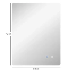 kleankin Miroir rectangulaire mural LED salle de bain - 70x50cm - 3 couleurs luminosité réglable tactile système antibuée blanc transparent* Miroir Lumineux