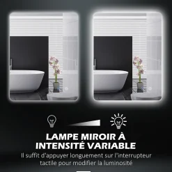 kleankin Miroir rectangulaire mural LED salle de bain - 70x50cm - 3 couleurs luminosité réglable tactile système antibuée blanc transparent* Miroir Lumineux