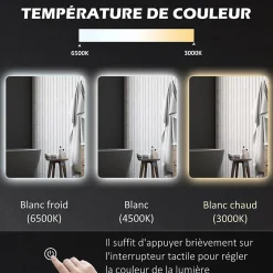 kleankin Miroir rectangulaire mural LED salle de bain - 70x50cm - 3 couleurs luminosité réglable tactile système antibuée blanc transparent* Miroir Lumineux