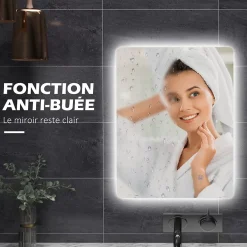 kleankin Miroir rectangulaire mural LED salle de bain - 70x50cm - 3 couleurs luminosité réglable tactile système antibuée blanc transparent* Miroir Lumineux