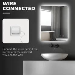 kleankin Miroir rectangulaire mural LED salle de bain - 70x50cm - 3 couleurs luminosité réglable tactile système antibuée blanc transparent* Miroir Lumineux